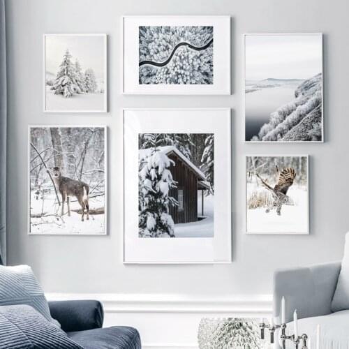 Winter Snow Hill Forest Deer House Wall Art Canvas Painting Nordic Posters And Prints Wall Pictures For Living Room Wall Decor