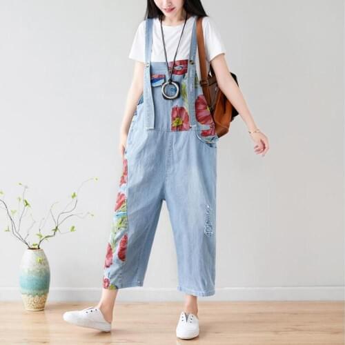 2020 New Loose Casual Denim Nine-points Jumpsuit Literary Womens Personalized Hole Stitching Printed Trousers
