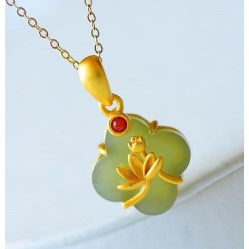 New silver inlaid natural Hetian jade plant Necklace Chinese style retro adjustable unique sand gold craft womens brand jewelry