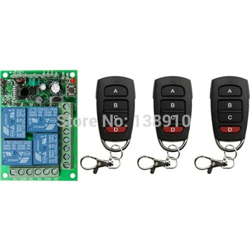 New RF Wireless Remote Controller Relay Switch System teleswitch DC12V 4CH 1pcs Receiver& 3pcs Transmitter Toggle Momentary