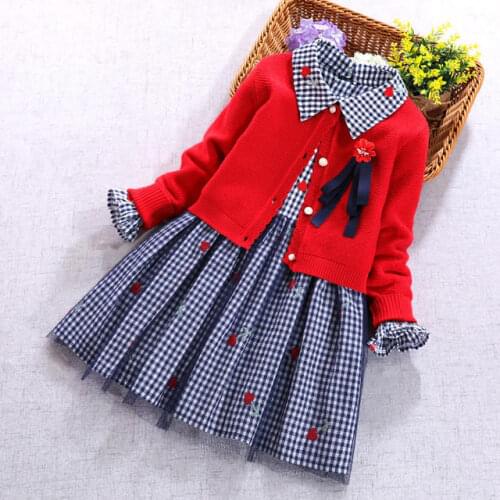 New Kids Sets For Girls Red Cardigan Sweater Coat And Long Sleeve Plaid Flower Dress Spring Autumn 2 pcs Set Girl Clothing
