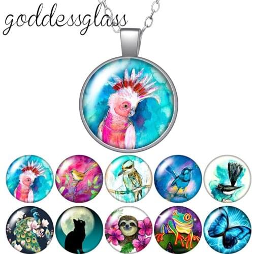 Animals parrot Birds Cat Butterfly frog Unicorn Round Glass glass cabochon silver plated/Crystal pendant necklace jewelry Gift