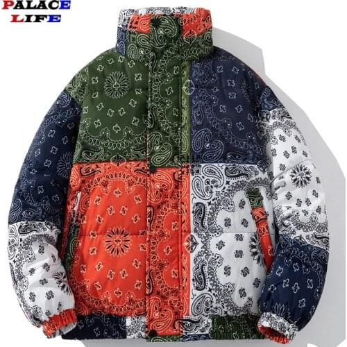 Hip Hop Jacket Parka Men Vintage Cashew Color Block Men Harajuku Windbreaker Streetwear Casual Warm Winter Padded Jacket Coats