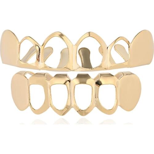 Cut Grillz Set 18K Pure Gold Color Plated Top & Bottom Teeth 4 Open Hip Hop Grills Hollow set Grillz Dental Grills Body Jewelry