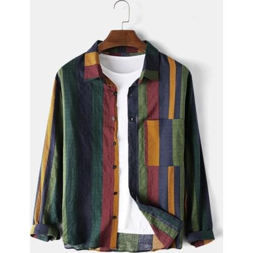 Vintage Men Stripe Shirt Long Sleeve Blouse Cotton Linen Male Shirts Breathable Casual Hip Hop Strretwear Stripe Men Shirts