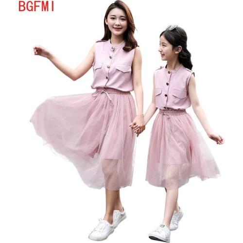 Gauze Skirt 2pcs set Summer clothes Parent-child outfit Family clothing Sleeveless Splicing Style Dress for Mother/Baby/ Girls