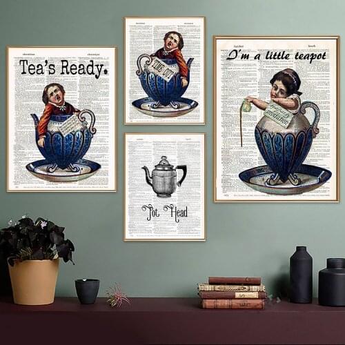 Funny Weird Boy Tea Cup Canvas Poster Vintage Dictionary Page Wall Art Tea Party Girl Pictures Unique Coffee Bar Kitchen Decor