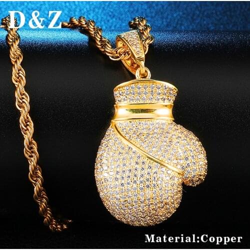 D&Z Iced out Bling CZ Copper Boxing Gloves Long Necklace with Cuban Chain Tennis Chain Necklaces For Men Hiphop