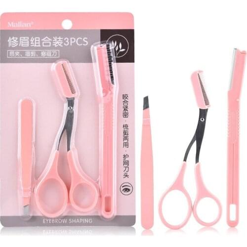 3pcs/set Portable Eyebrow Trimmer Kit Eyebrow Face Razor Set Scissors Comb Eye Brow Shaper Tweezers Clip Protecting Net Shaver