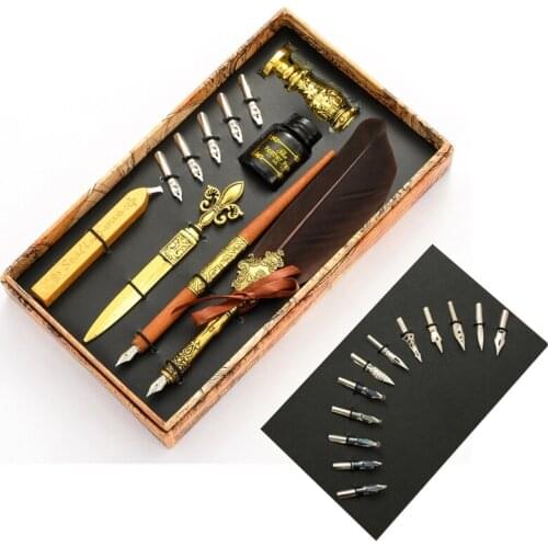Vintage Quill Feather Dip Pen Fountain Writing Ink 5 Nibs Seal Wax Gift Box Calligraphy Stationery School Supplies for Writing
