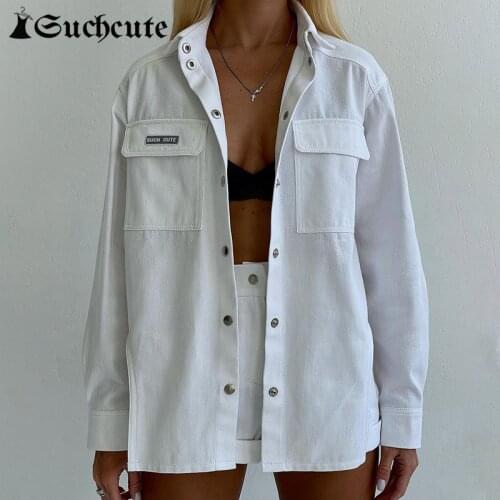 SUCHCUTE Cargo Style Women Jacket Coats Long Sleeve Fashion Pockets Streetwear Letter Print Buttons Outwear Harajuku Jackets 90s