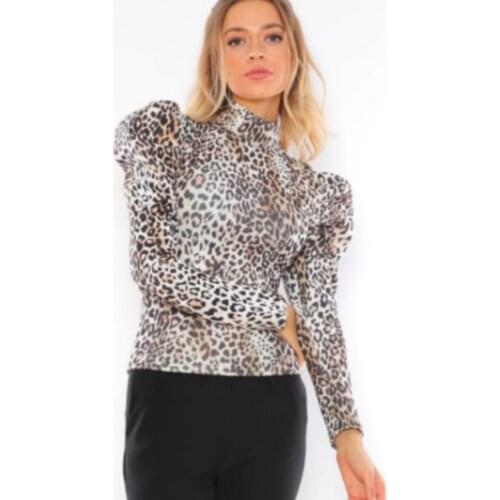 2020-2021 Autumn Winter Leopard Balloon Puff Sleeve Half-neck Winter Women Knitwear Blouse 100% Cotton Femme Trikot