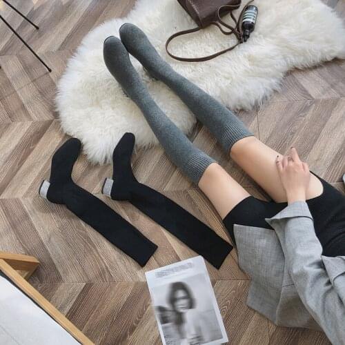 Womens Long Boots, Korean Style Fashion Square Heel Stretch Knit Over-the-knee Sock Boots
