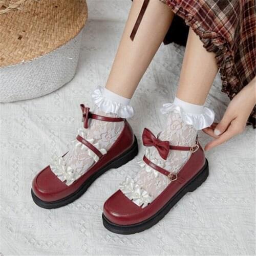 PXELENA 2021 Spring New Women Lolita Shoes Butterfly-knot Lace Ruffles Low Heels Pumps Lady Plus Size 34-43 Cosplay Uniform Girl