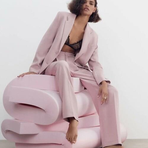 ZA Summer 2 Pieces Solid Blazer Suit Ladies Simple Button Casual Pink Blazer+Pants Design Women Basic Blazers Outfit Coats