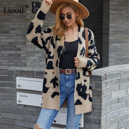 Leopard Print Knitted Sweater Long Cardigan Casual with Pocket Thick Baggy Sweater Coats For Women Autumn Winter 2021 Knitwears