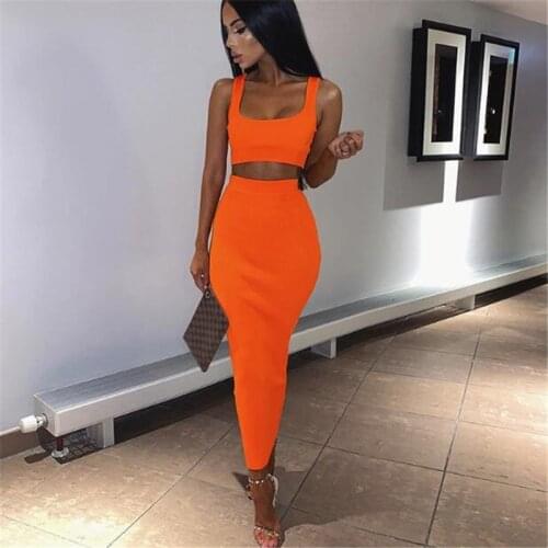Neon Ribbed Knitted Women Two Piece Matching Set Crop Top Midi Skirt Sexy Festival Party 2021 Winter Clothing