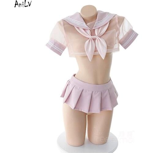 AniLV Japanese Sweet Student Pink Sailor Uniform Temptation Lingerie Costume Bowknot Yarn Underwear Pajamas Nightdress Clothes