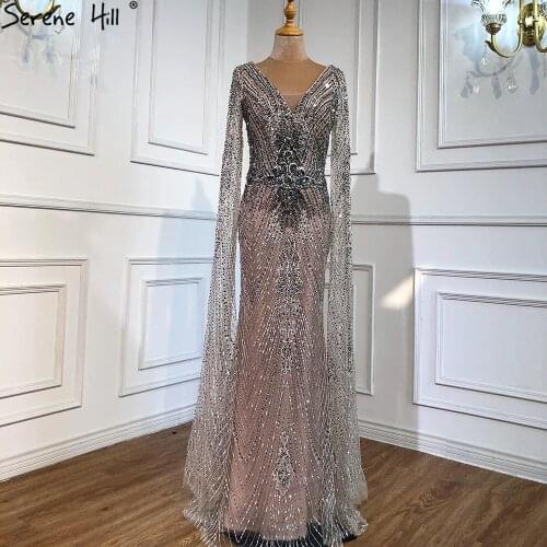 Serene Hill Gold Luxury Elegant Mermaid Evening Dresses 2021 Formal Woman Party Wear Gowns With Cape Sleeves DLA70857