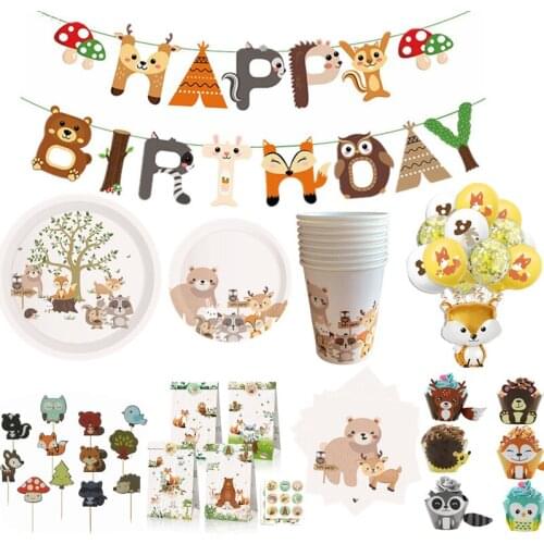 0ENY Woodland Animal Disposable Tableware Set Safari Jungle Party Supplies Paper Plates Cups Birthday Party Decorations Kids