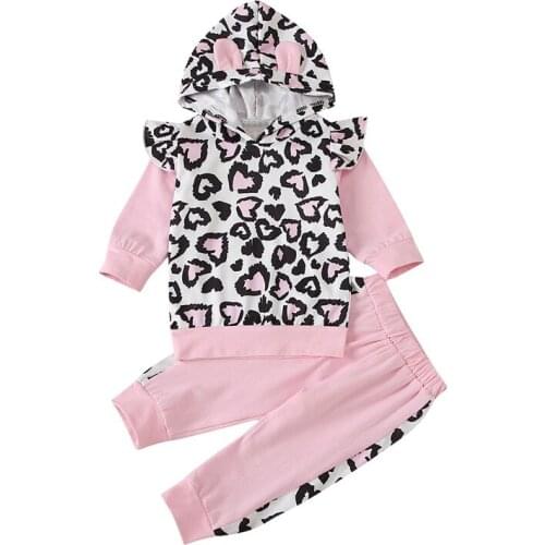 2021 Hoodies Outfits Girls Clothes Pink Leopard Printed Pattern Hooded Pullover Pants Child Girl Set 1-6 Years