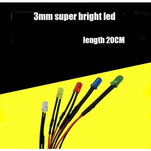 3MM light emitting diode With cable 9-12V White Yellow Blue RED Super bright Led Diode 3MM Green light white LED lamp 20cm