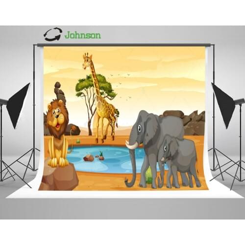 African Water Hole Lion Giraffe Elephants Tree Backgrounds polyester or Vinyl cloth High quality Computer print wall backdrop