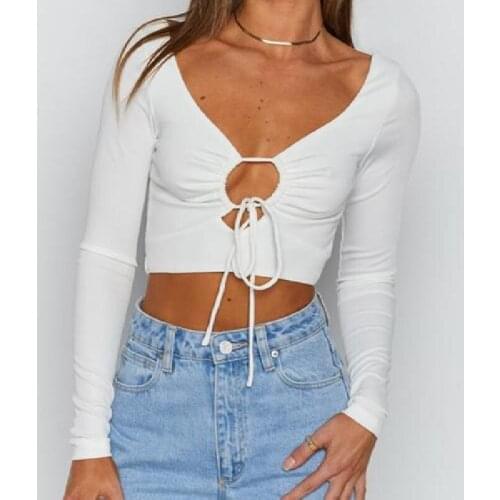 Sexy Backless Solid Color T-Shirt Long Sleeve Deep V-neck Ruched Lace-Up Slim Wild Chic Summer Exposed Navel Rib Crop Tops