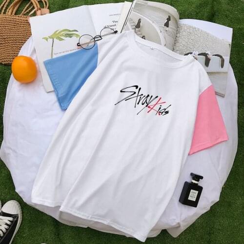 Spell Color T Shirts Summer New Harajuku Funny Stray Kids Letter Print Tops Women Casual Korean Fashion Stitching Cotton Clothes