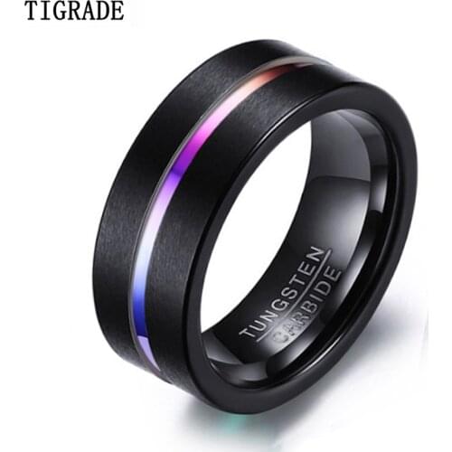 Tigrade Men Thin Line Tungsten Ring Wedding Bands 8MM Tungsten Carbide Rings for Men Engagement Party Jewelry Rainbow Ring