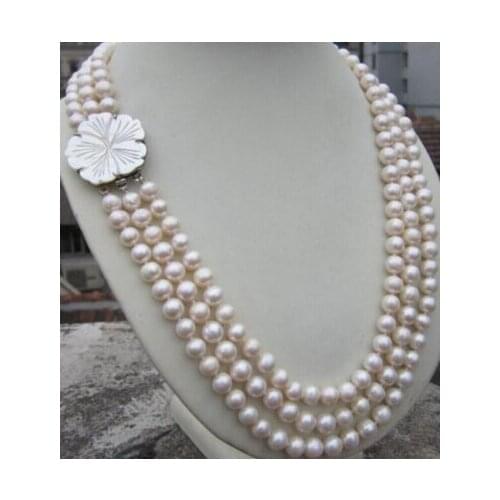 Choker keshi 925 Ms. real natural big 3 ROW 8-9MM Akoya white Genuine freshwater Pearl Necklace 18-20” longernoble ladys