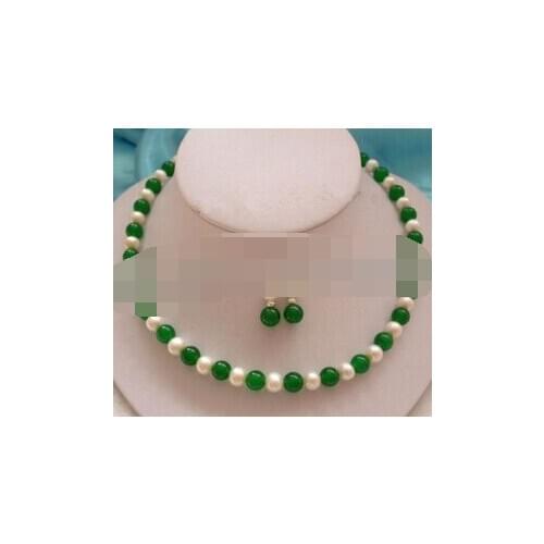 Xiuli 00567 HANDMADE NATURAL 7-8MM REAL WHITE PEARL & GREEN BEADS NECKLACE EARRINGS SET