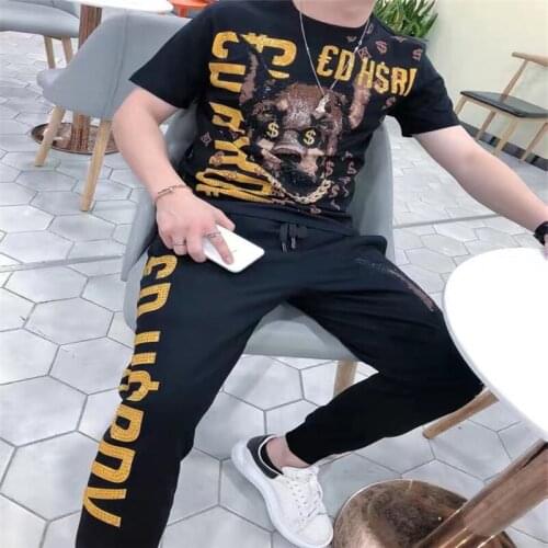 Fashion new mens sportswear mens hot drilling slim design mens leisure high quality 2-piece