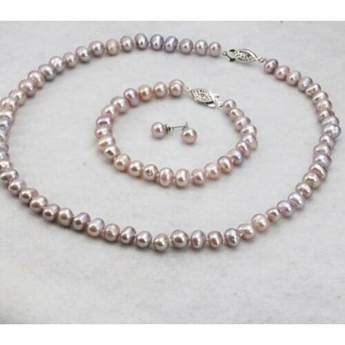 Natural Purple pearl necklace set 7-8mm 18" bracelet 7.5" earrings 2 piece/lot DIY wholesale women wear jewelry