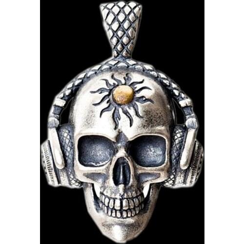Solid S925 Pure Silver Rock Pendant For Man Music Skull Headphones Skull Thai Silver Man Pendant