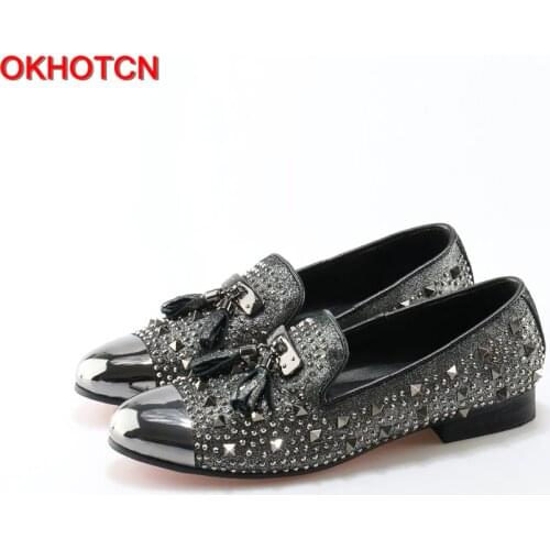 OKHOTCN 2018 NEW Men Shoes Slip On Lazy Loafers Fashion Rivets Crystal Mens shoes Metal Toe Tassel Casual Breathable Men Flats