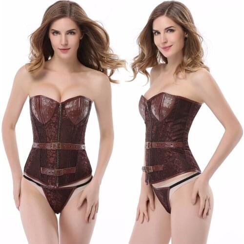 Wholesale Plus Size S-6XL Brown Corset Steampunk Womens Faux Leather Burlesque Clubwear Lace up Boned Carnival Gothic Clothing