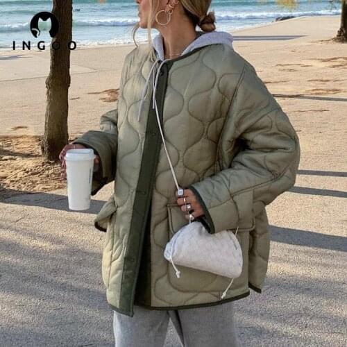 INGOO Casual Loose Argyle Parkas Women Fashion Green Button Pocket Coats Communt Cotton Jackets Famale Winter Street Outerwears