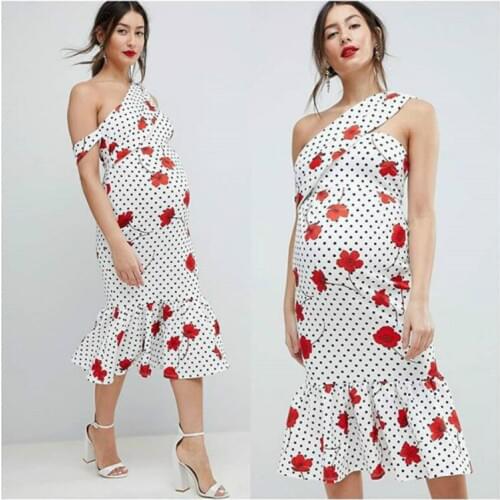 Flower print maternity dress Oblique shoulder ball gown pregnancy dress for baby shower Mermaid midi dress summer gown elegant