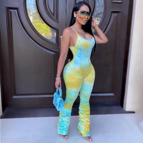 Casual Women Jumpsuit Spaghetti Straps Streetwear Tie Dye Stacked Pants joggers Long Rompers Womens Jumpsuit Overalls