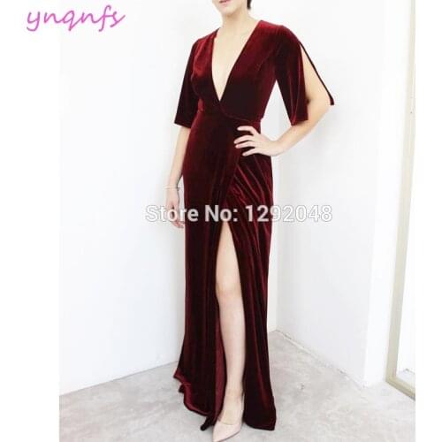 YNQNFS E39 Sexy V Neck High Leg Slit Formal Dress Burgundy Velvet Evening Gown 2019 Half Sleeve