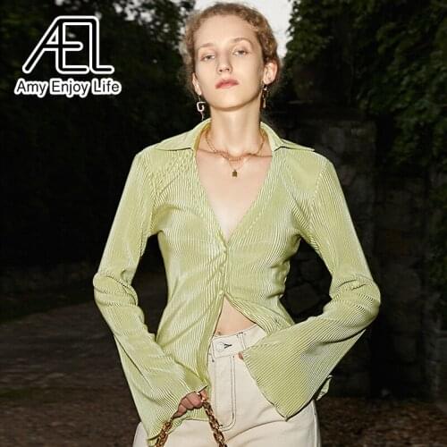 AEL Satin Shirt Woman V-eck Flare Sleeve Sexy Slim Light Green Button Femme Casual Tops Streetwear
