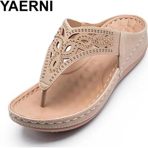 YAERNI 2021 Soft bottom Summer Wedges Women Sandal black handmade retro Crystal flip-flops Women Slippers sandalias mujer