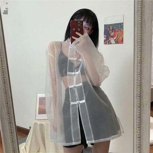 2020 New Summer Harajuku Women Gothic Punk Style Stand Collar Loose Transparent Mesh Long Sleeve Female Tops