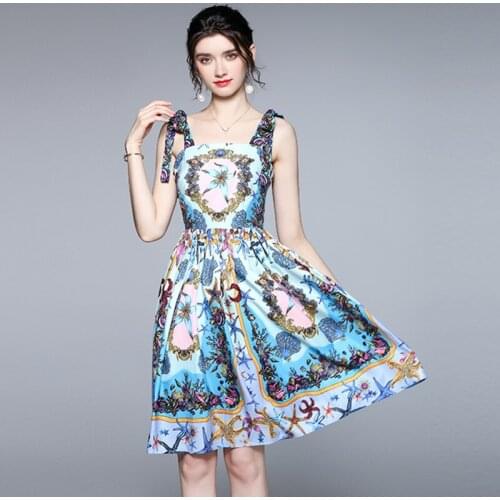 High Quality New 2021 Designer Summer Runway Floral Print Short Dress Womens Spaghetti Strap Holiday Boho Dresses Lady Vestidos