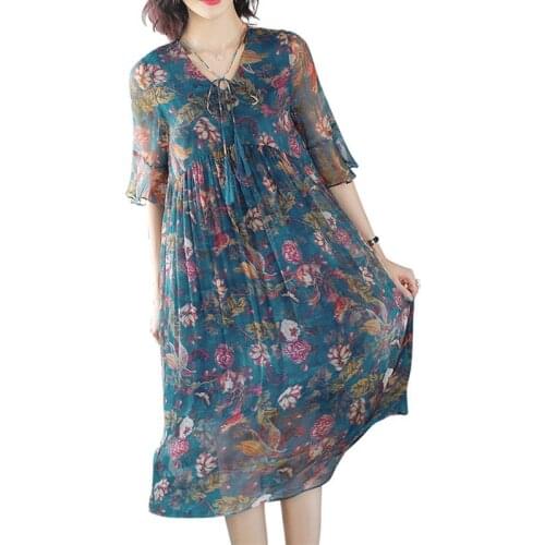 2020 New Spring Summer Women Elegant Floral Print Imitate Silk Dress Female Pleated V Neck Flare Sleeve Dresses Vestidos S223