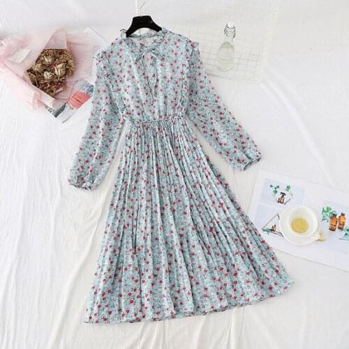 2021 Spring Vintage Floral Print Women Dress Elastic Waist Ruffle Chiffon Long Sleeve A Line Dress O Neck Summer Beach Vestidos