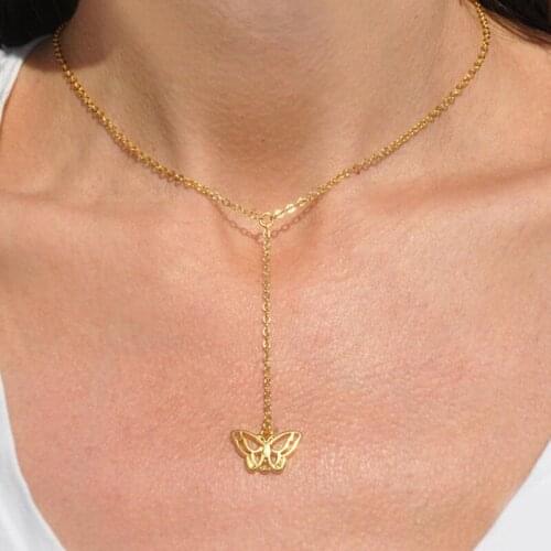 1 Pcs Women Simple Necklaces Gold Color Chain Butterfly Pendant Clavicle Chain Ladies Beach Party Sweet Jewelry