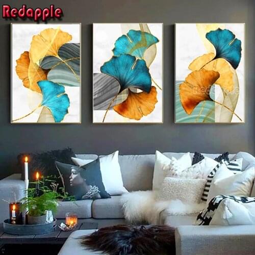 Blue Green Yellow Gold Plant Leaf Abstract diamond painting cross stitch diamond embroidery mosaic Living Room Wall Decoration