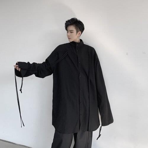Mens new long sleeve drawstring loose large size stand collar black cardigan jacket mens Japanese streetwear shirt